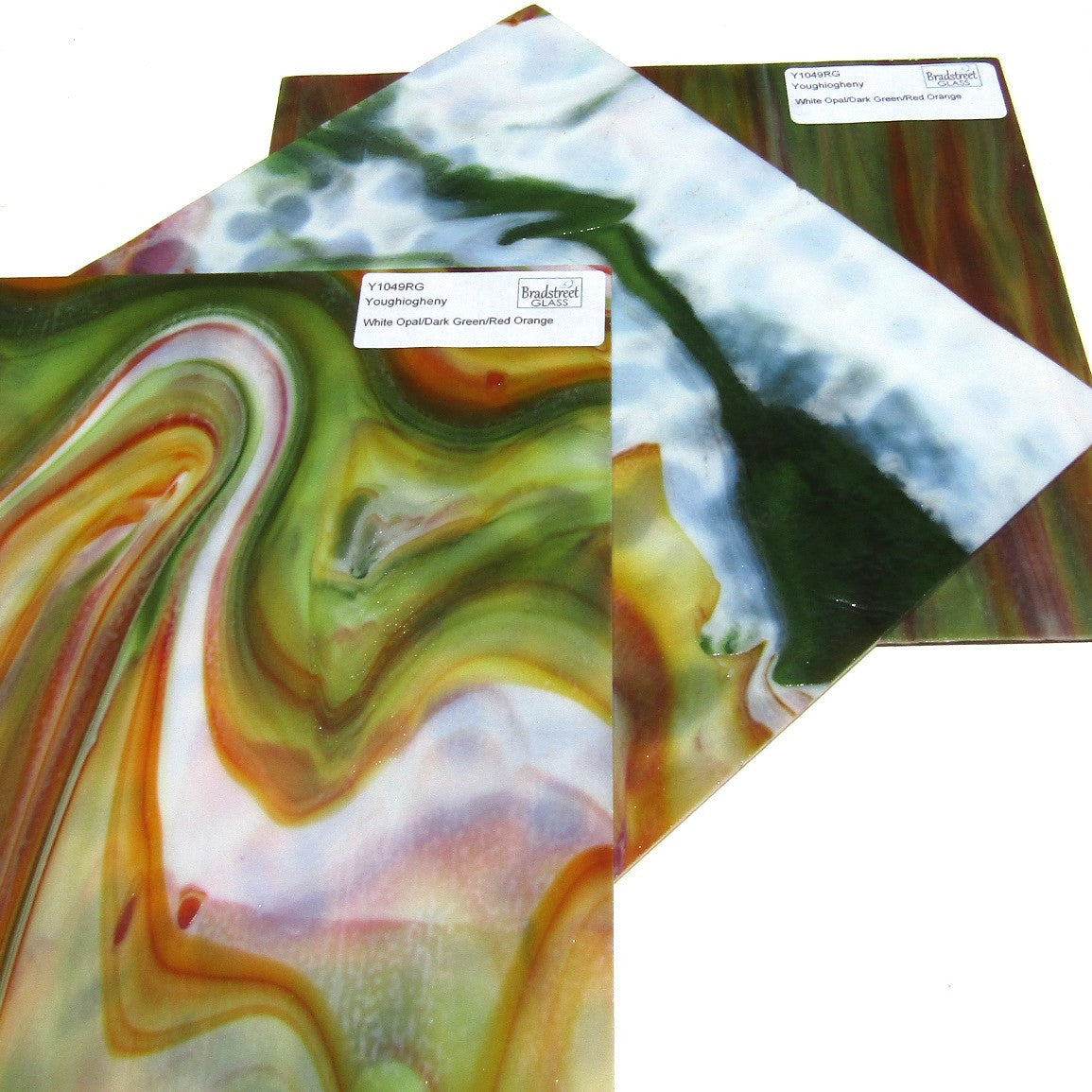 Youghiogheny Y1049RG Stained Glass Sheet White Opal Dark Green Red Orange Reproduction Glass 