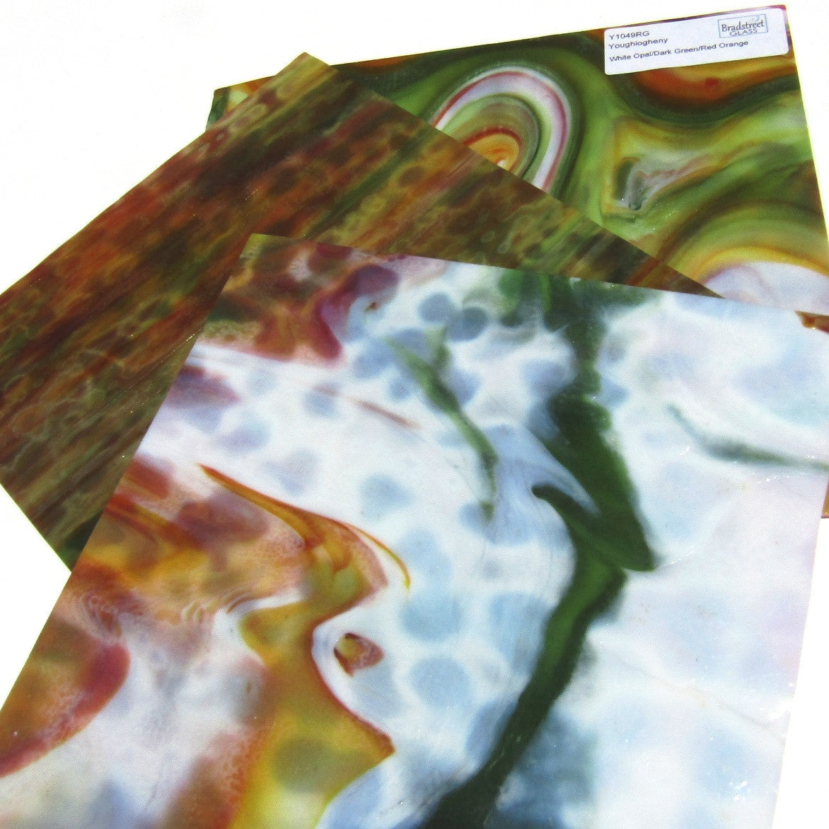 Youghiogheny Y1049RG Stained Glass Sheet White Opal Dark Green Red Orange Reproduction Glass 