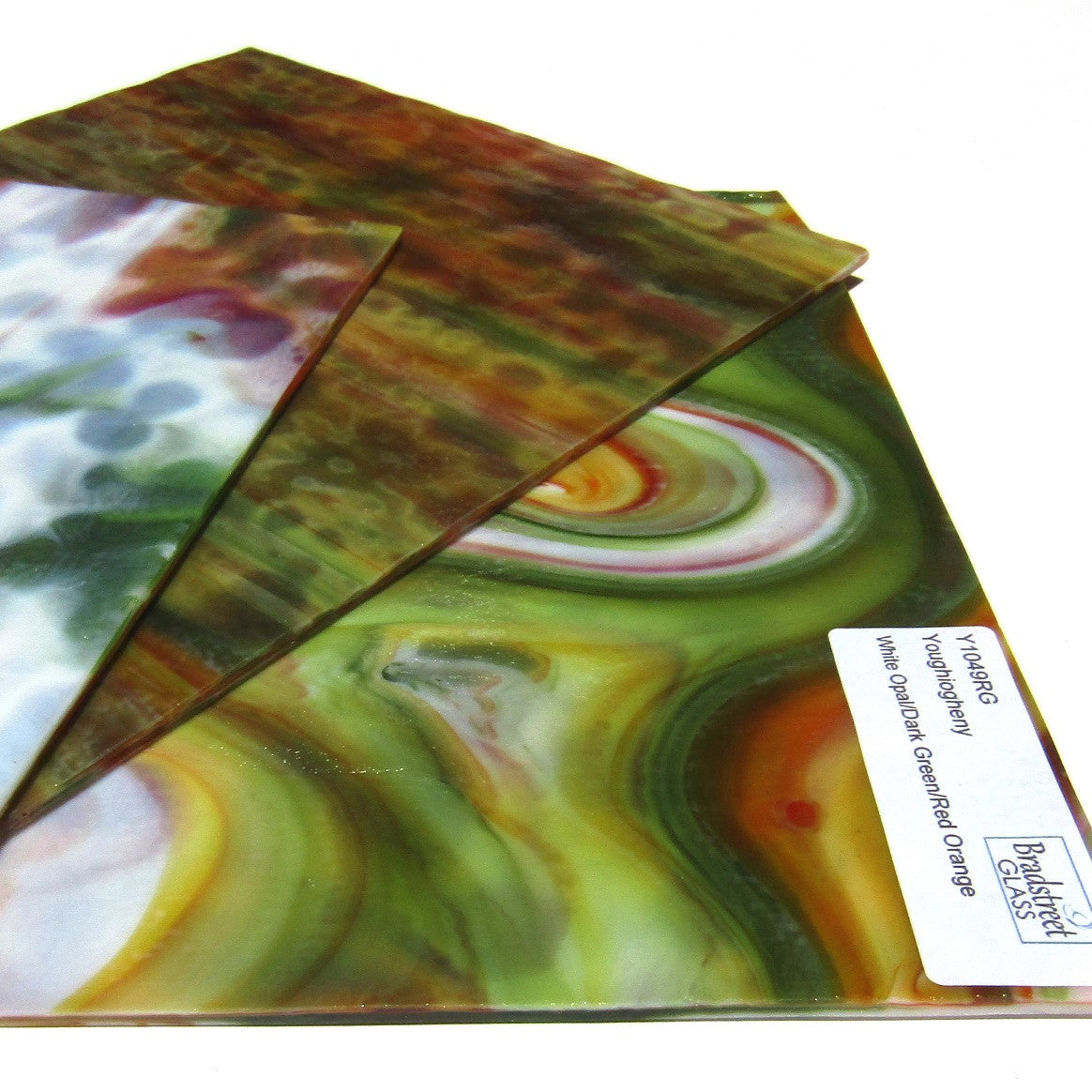 Youghiogheny Y1049RG Stained Glass Sheet White Opal Dark Green Red Orange Reproduction Glass 
