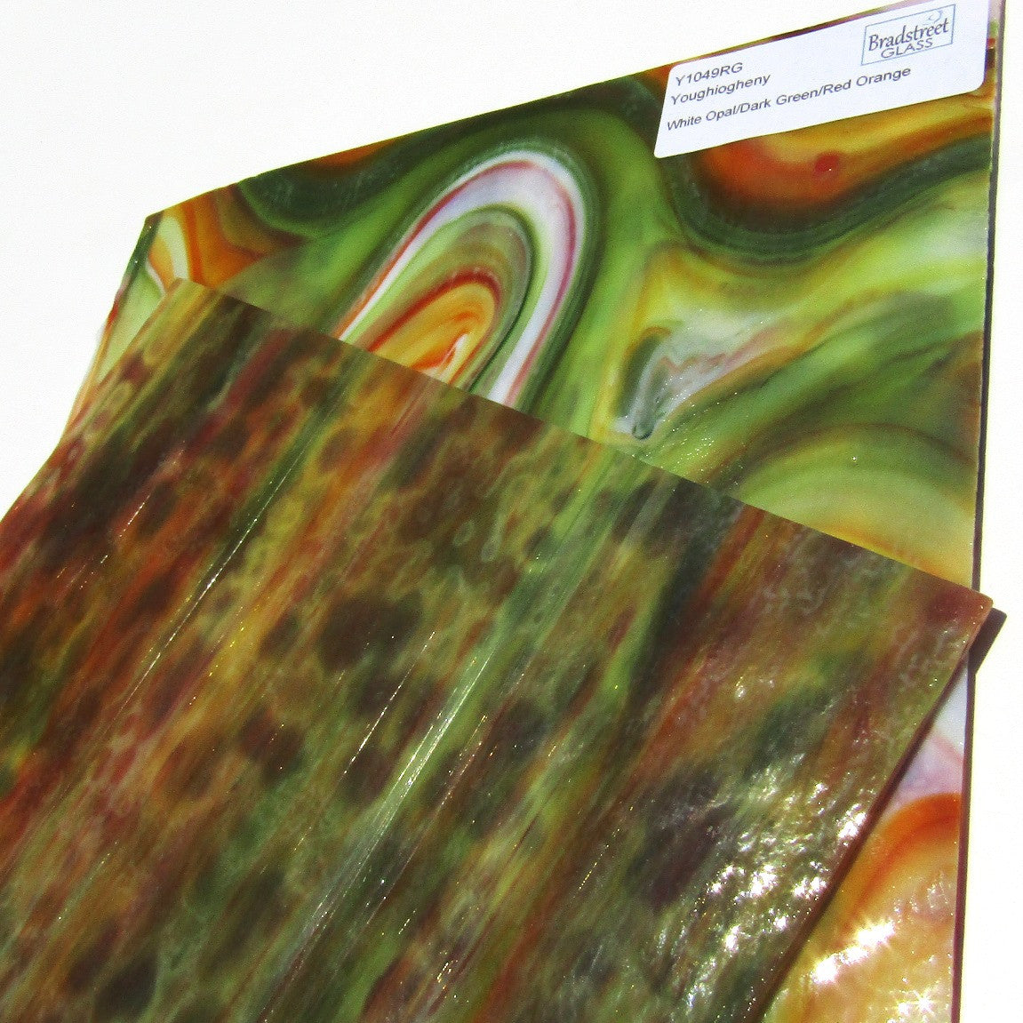 Youghiogheny Y1049RG Stained Glass Sheet White Opal Dark Green Red Orange Reproduction Glass 