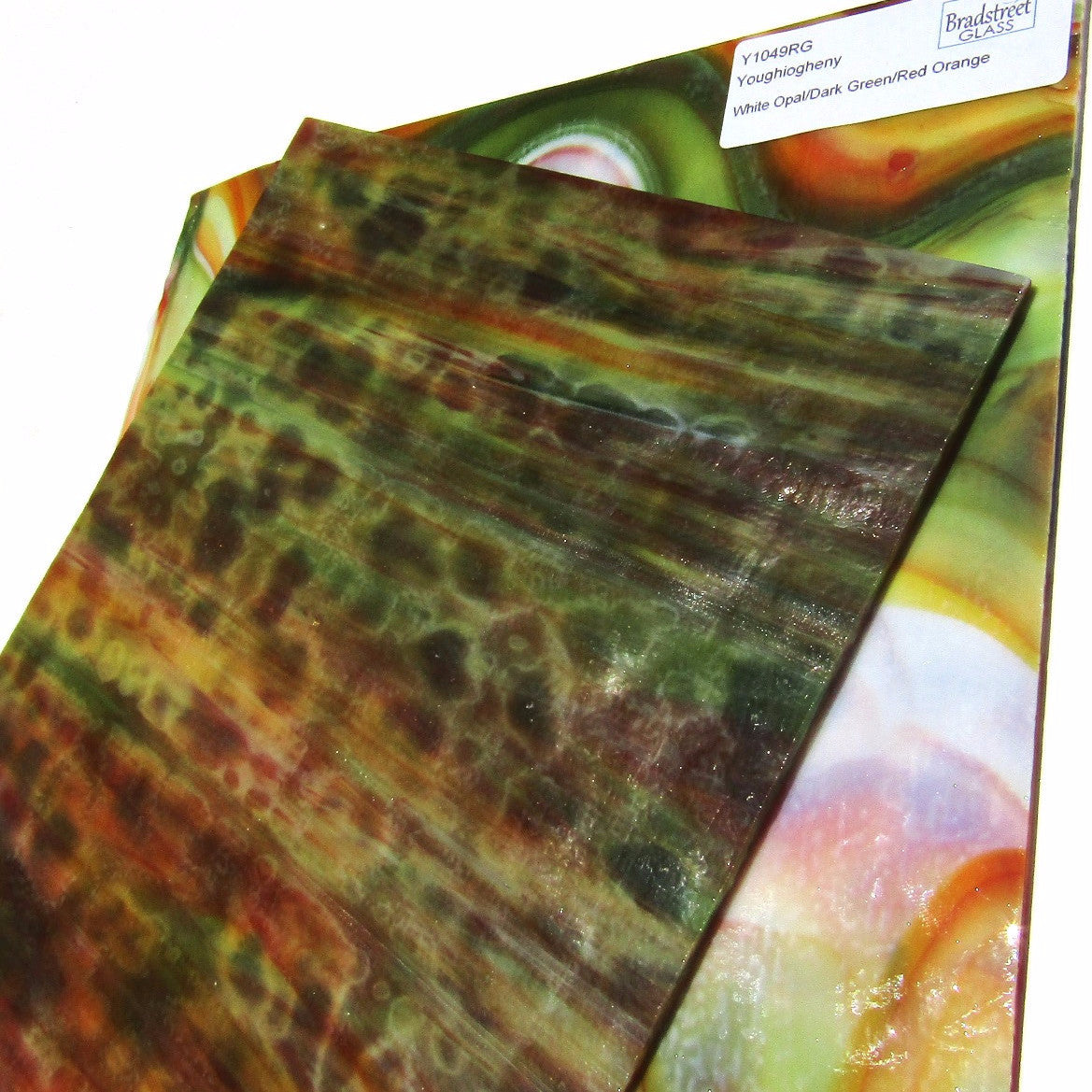 Youghiogheny Y1049RG Stained Glass Sheet White Opal Dark Green Red Orange Reproduction Glass 