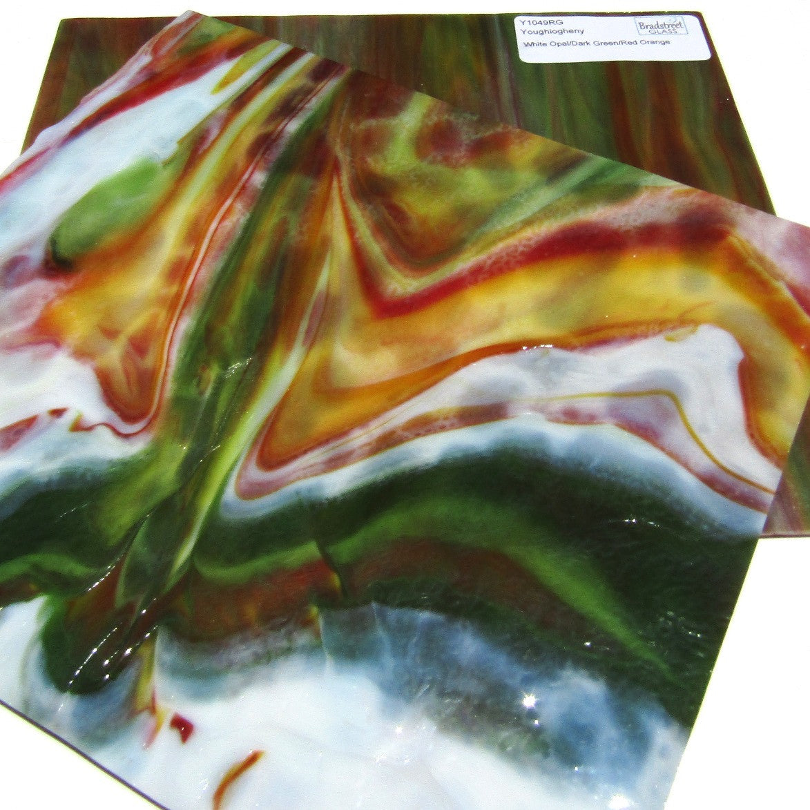 Youghiogheny Y1049RG Stained Glass Sheet White Opal Dark Green Red Orange Reproduction Glass 