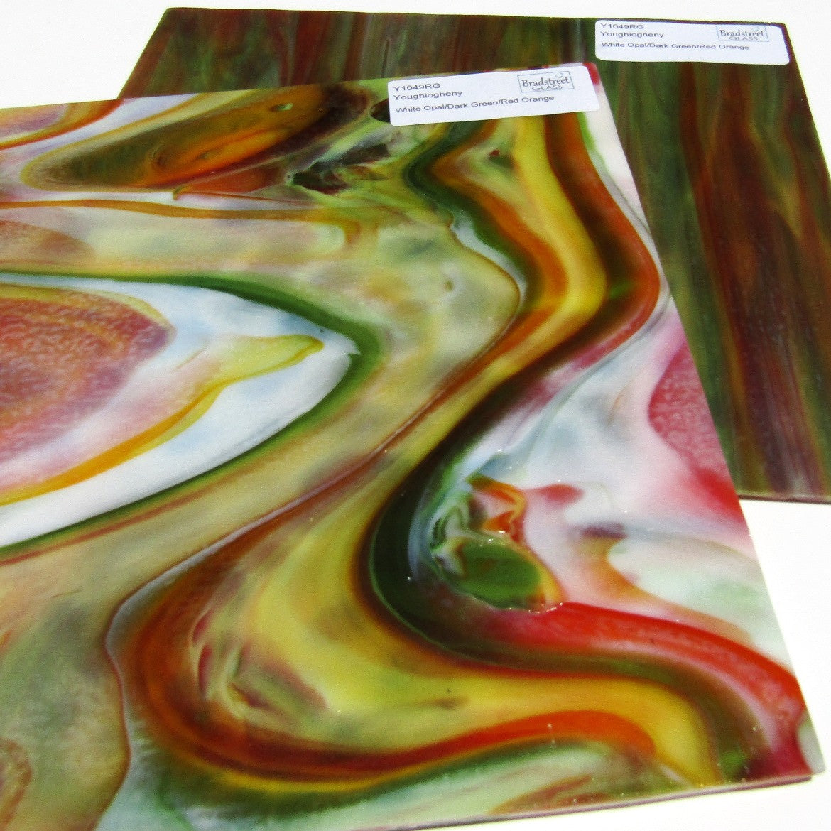 Youghiogheny Y1049RG Stained Glass Sheet White Opal Dark Green Red Orange Reproduction Glass 