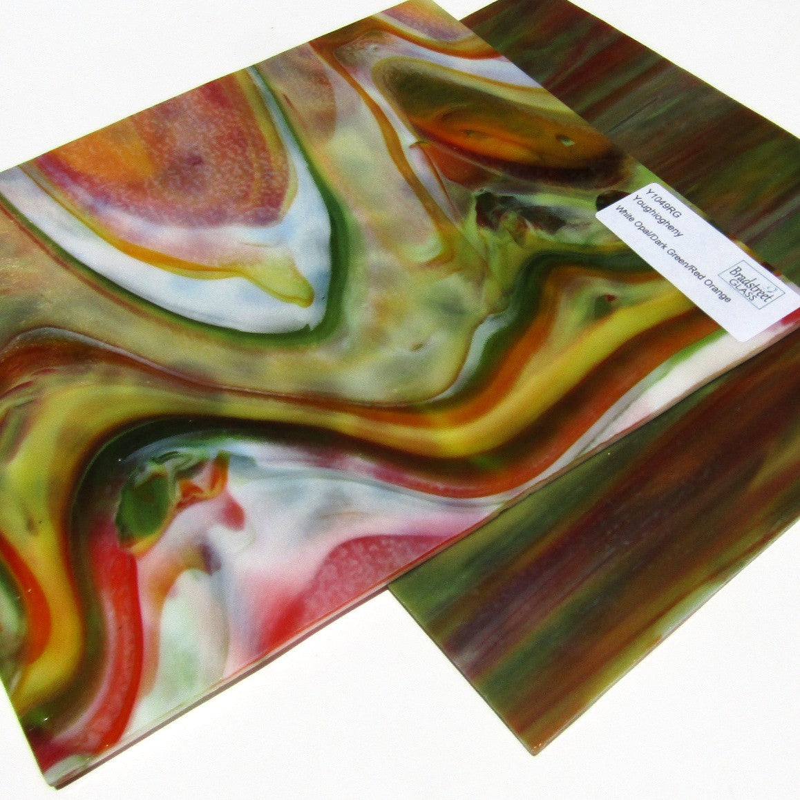 Youghiogheny Y1049RG Stained Glass Sheet White Opal Dark Green Red Orange Reproduction Glass 