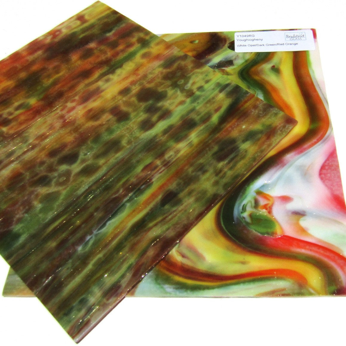 Youghiogheny Y1049RG Stained Glass Sheet White Opal Dark Green Red Orange Reproduction Glass 