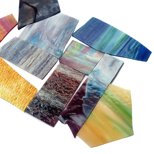 Bradstreet Glass Assorted Multi-Colored Streaky, Swirled Stained Glass Scraps, Curated 1 lb Package of Reclaimed Shop Scrap Glass