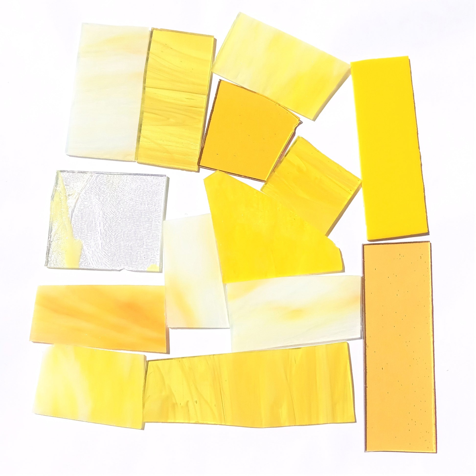 Bradstreet Glass Yellow Stained Glass Scraps, Curated 1 lb Package of Reclaimed Shop Scrap Glass in Shades of Yellow