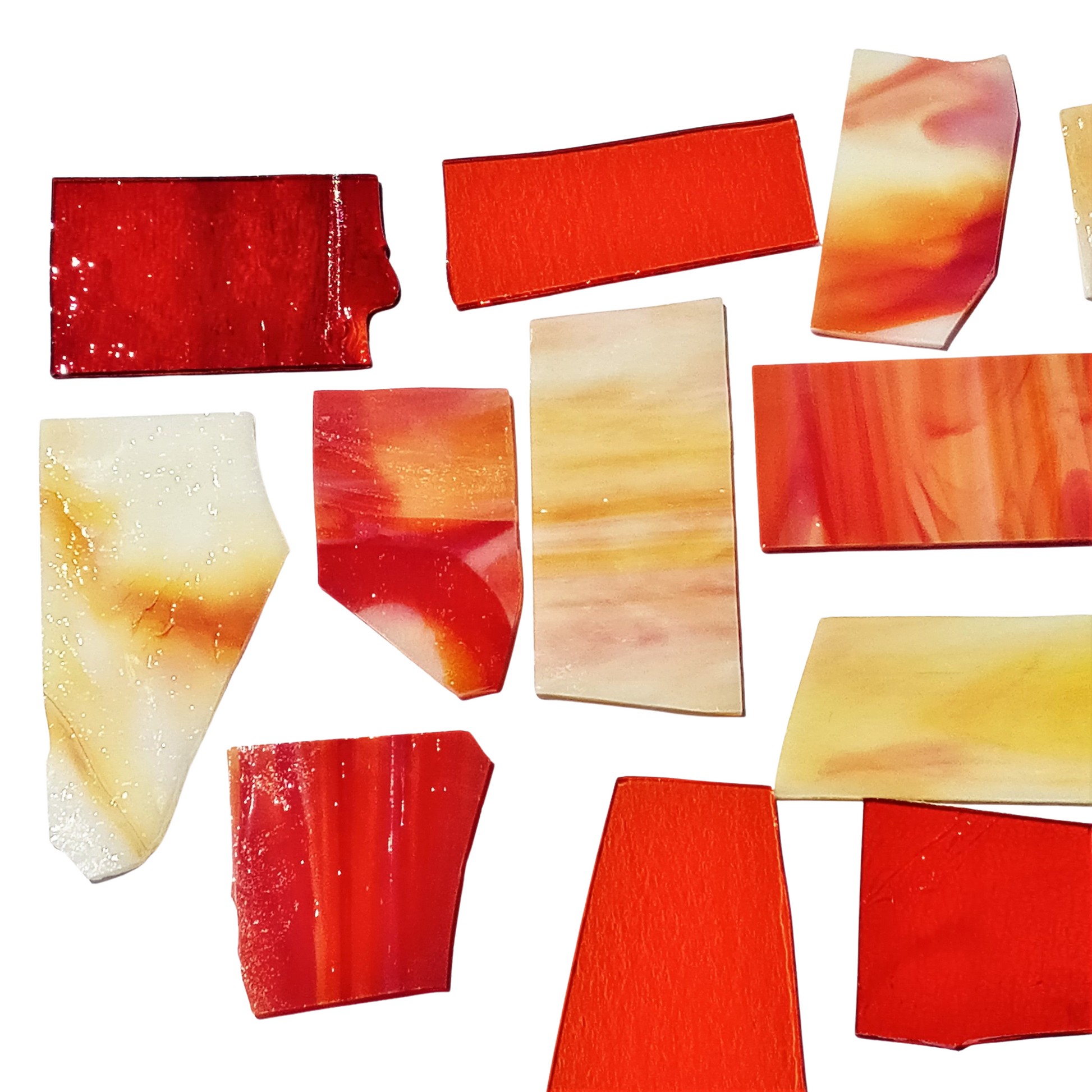  Bradstreet Glass Orange, Red, Yellow Stained Glass Scraps, 1 lb Package of Reclaimed Shop Scrap Glass in Shades of Orange