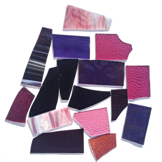 Bradstreet Glass Purple, Plum, Mauve Stained Glass Scraps, Curated 1 lb Package of Reclaimed Shop Scrap Glass in Shades of Purple
