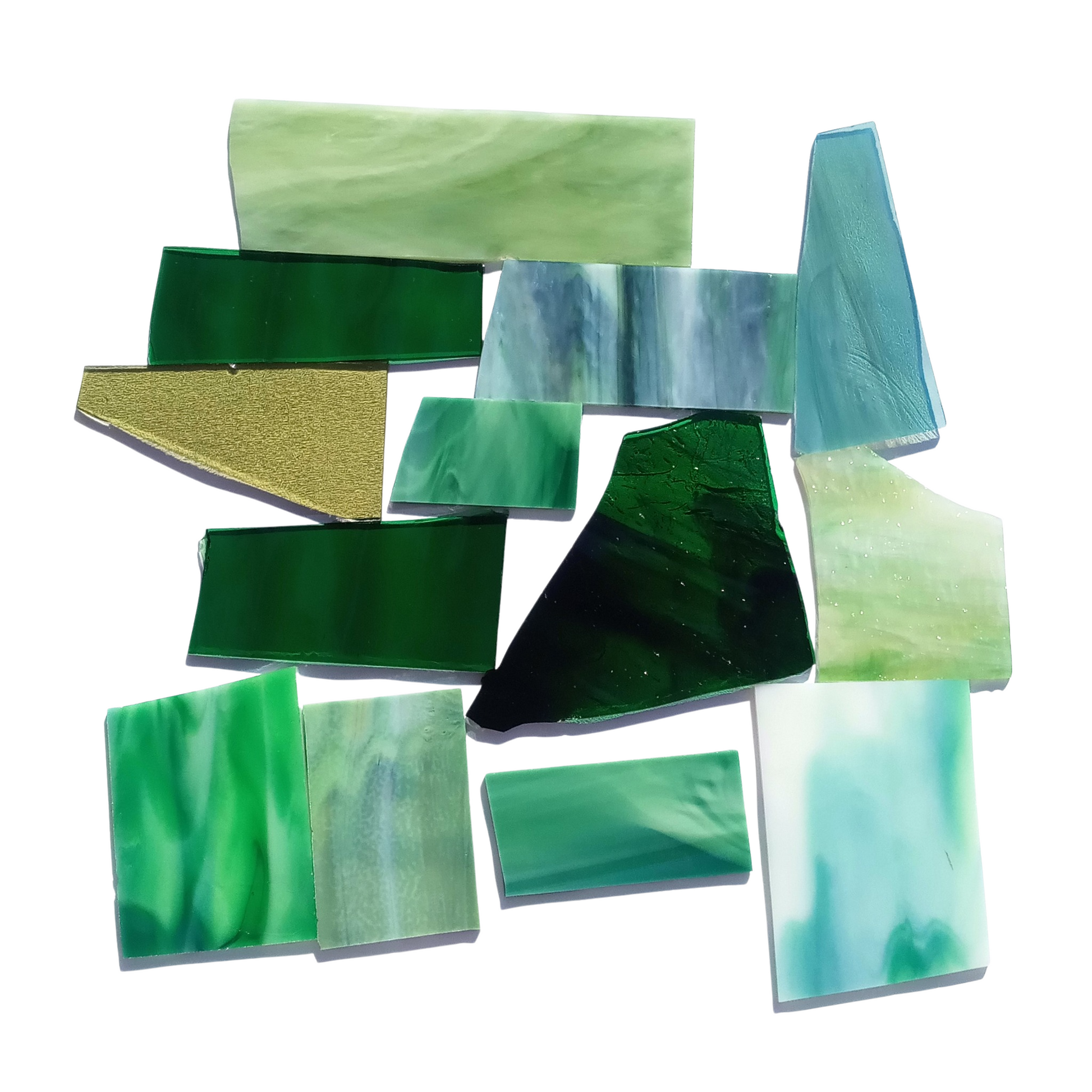 Bradstreet Glass Green Stained Glass Scraps, Curated 1 lb Package of Reclaimed Shop Scrap Glass in Shades of Green
