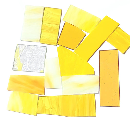 Yellow Stained Glass Scraps, Curated 1 lb Package of Reclaimed Shop Scrap Glass in Shades of Yellow