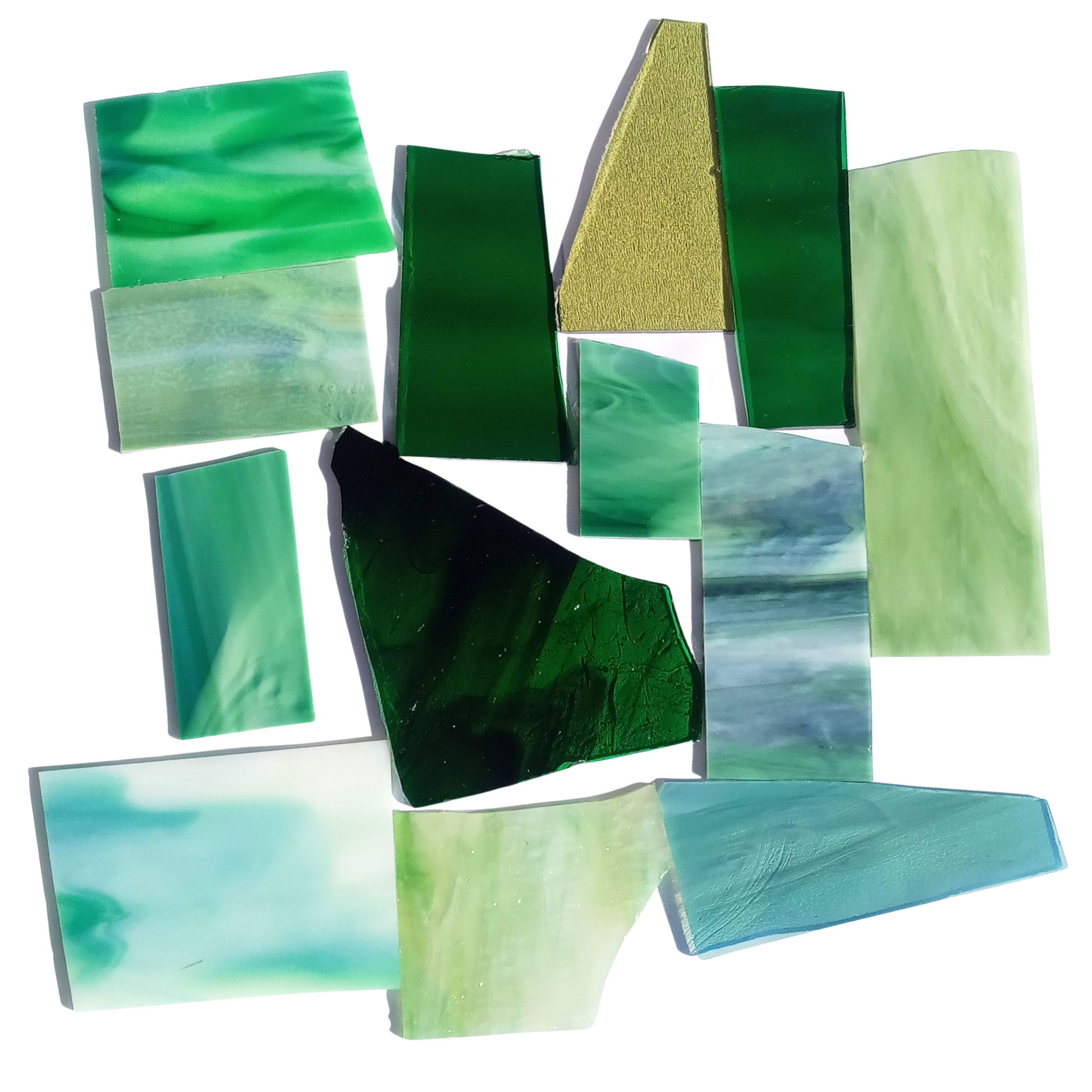 Bradstreet Glass Green Stained Glass Scraps, Curated 1 lb Package of Reclaimed Shop Scrap Glass in Shades of Green