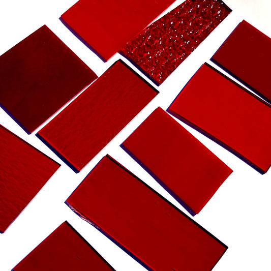 Assorted Red Stained Glass Scrap Pieces, Curated 1 lb Package. Hand picked, sorted by color, clean. Red art glass assortment perfect for stained glass and mosaic art. Ships carefully in 1 business day. Free shipping available.