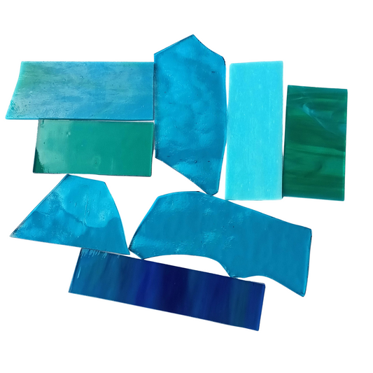 Bradstreet Glass Teal, Aqua Stained Glass Scraps, Curated 1 lb Package of Reclaimed Shop Scrap Glass in Shades of Aqua, Teal