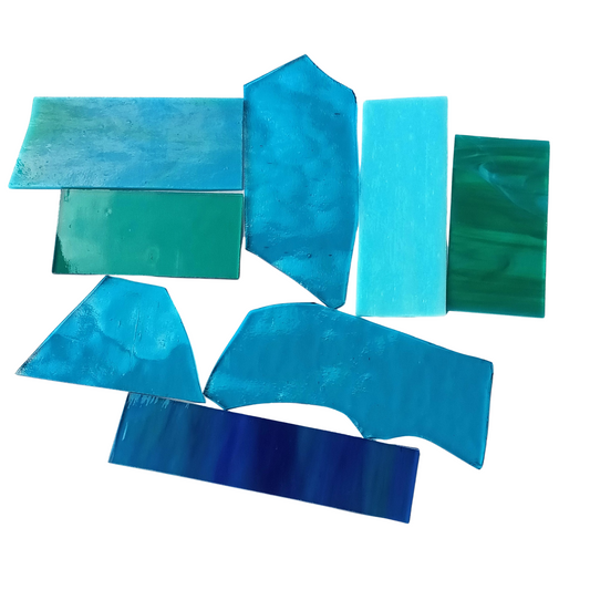 Teal, Aqua Stained Glass Scraps, Curated 1 lb Package of Reclaimed Shop Scrap Glass in Shades of Aqua, Teal