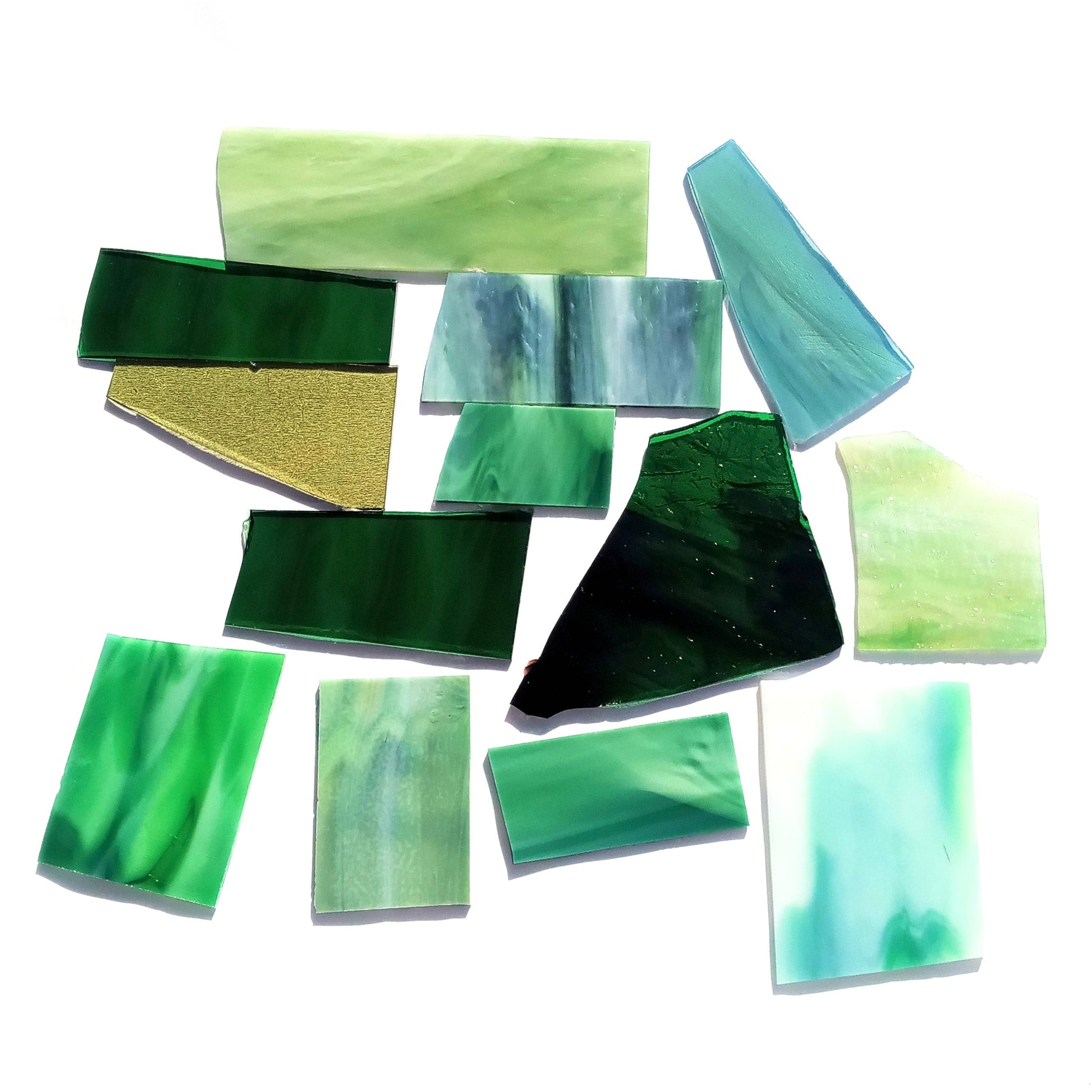 Bradstreet Glass Green Stained Glass Scraps, Curated 1 lb Package of Reclaimed Shop Scrap Glass in Shades of Green