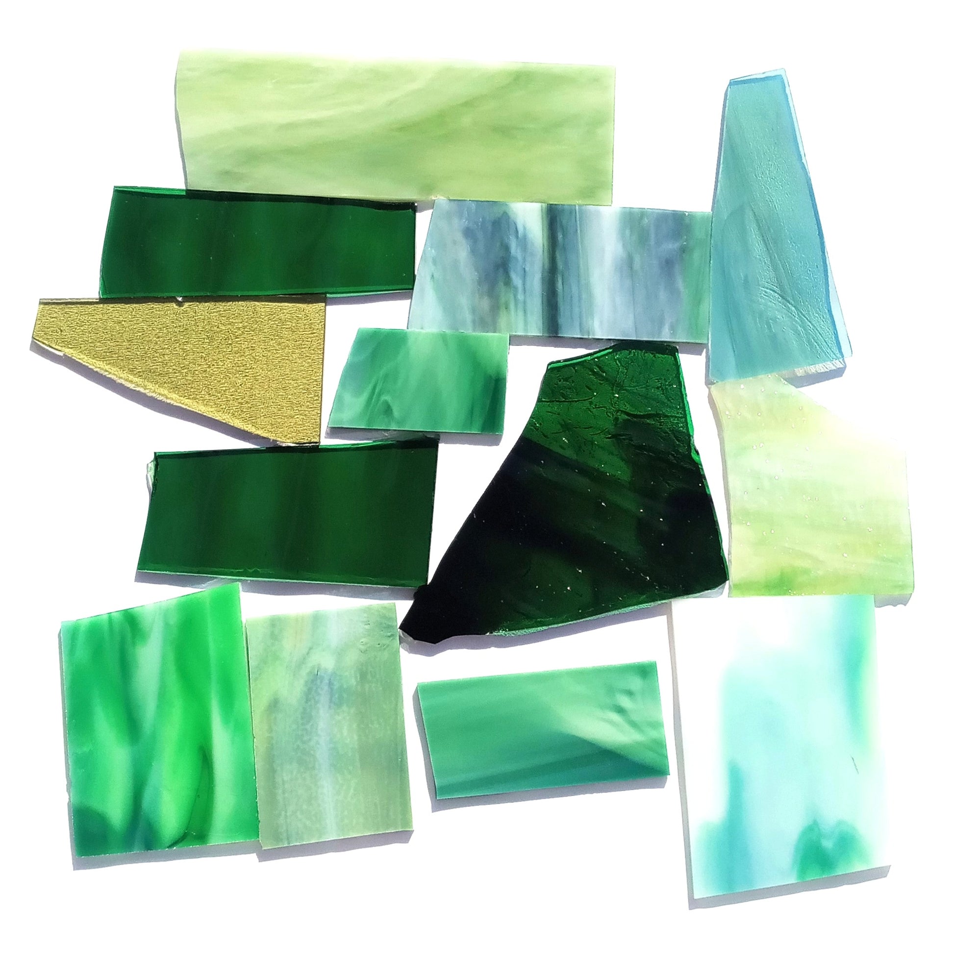 Bradstreet Glass Green Stained Glass Scraps, Curated 1 lb Package of Reclaimed Shop Scrap Glass in Shades of Green