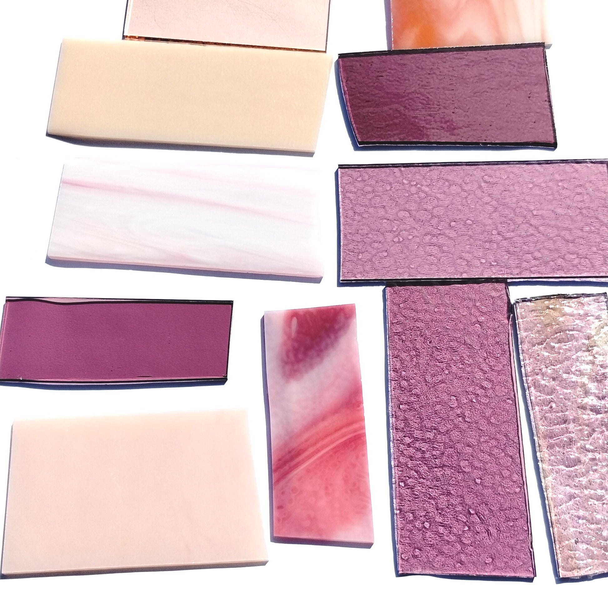 Bradstreet Glass Pink Stained Glass Scraps, Curated 1 lb Package of Reclaimed Shop Scrap Glass in Shades of Pink