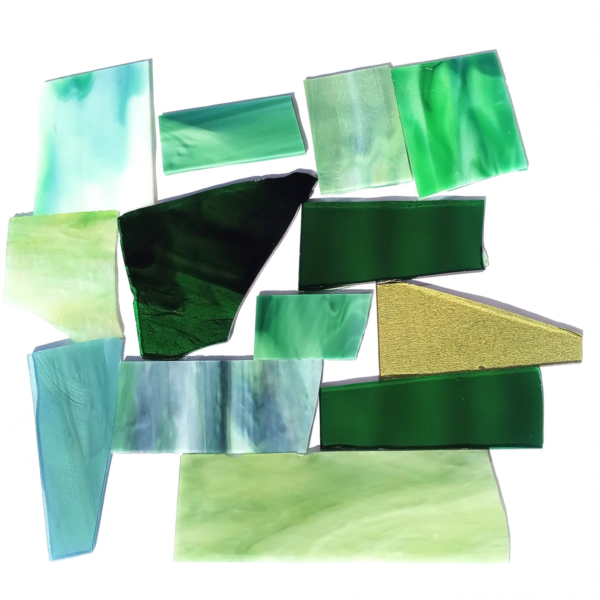 Bradstreet Glass Green Stained Glass Scraps, Curated 1 lb Package of Reclaimed Shop Scrap Glass in Shades of Green